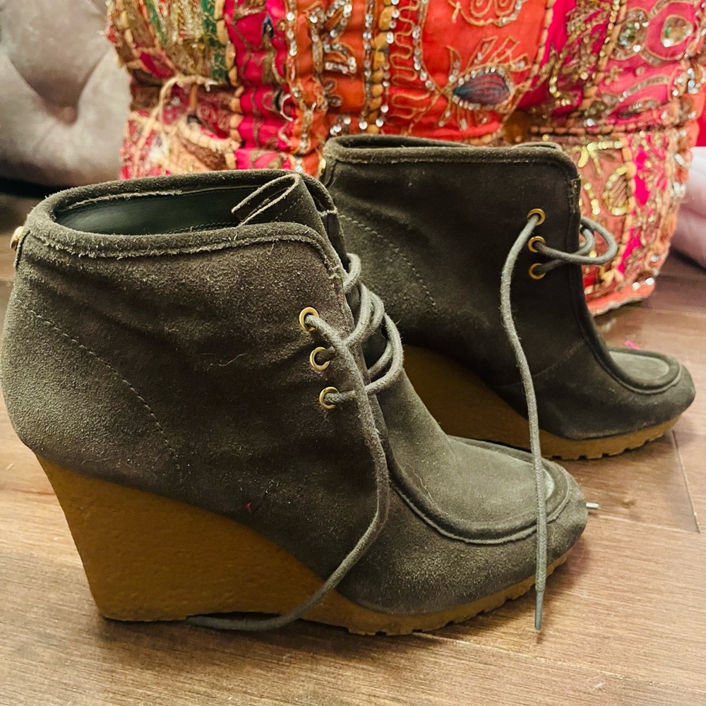 Olive Suede Wedge Booties